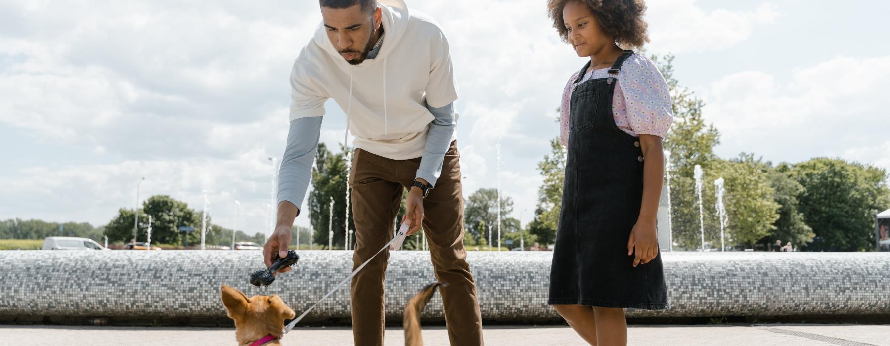 a man and woman walking a dog